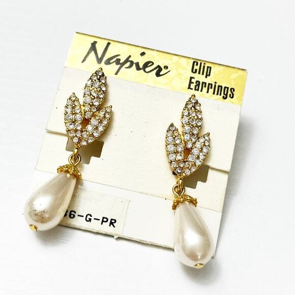 Napier Vintage Pave Crystal & Pearl Drop Clip Earrings - Picture 1 of 6